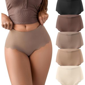 SHARICCA Seamless High Waisted Underwear for Women Cheeky Underwear Wave Edge No Show Bikini Panties Ribbed Panties Pack