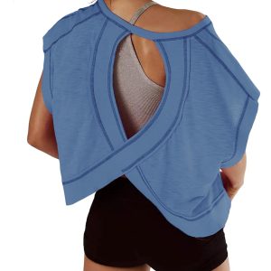 Women Short Sleeve Workout Shirts Open Back Tops Casual Yoga Y2k Athletic Gym Slouchy Crop Running Tees
