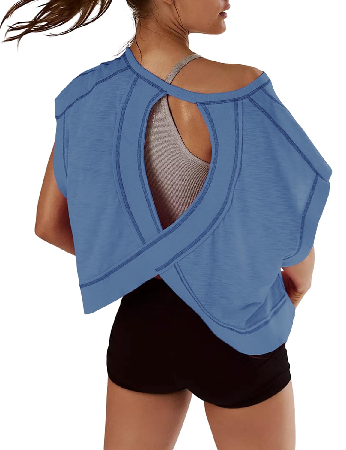 Women Short Sleeve Workout Shirts Open Back Tops Casual Yoga Y2k Athletic Gym Slouchy Crop Running Tees