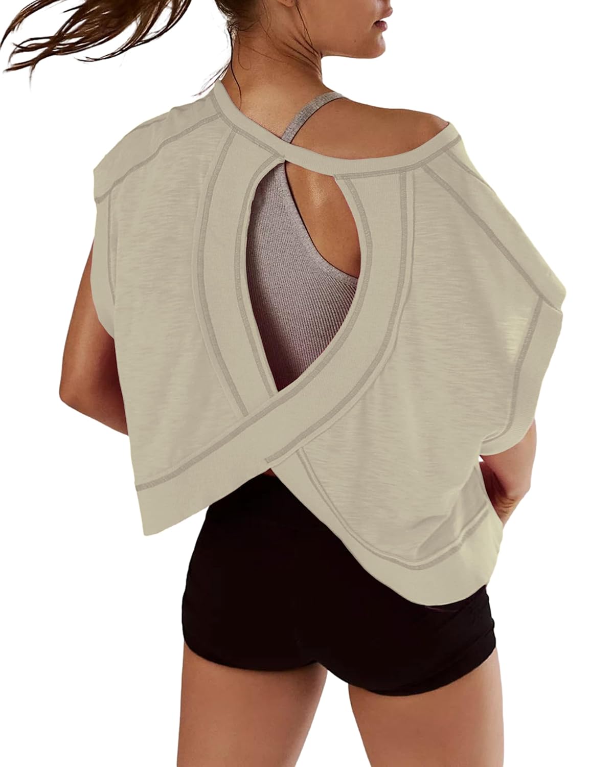 Women Short Sleeve Workout Shirts Open Back Tops Casual Yoga Y2k Athletic Gym Slouchy Crop Running Tees