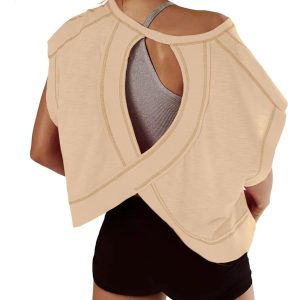 Women Short Sleeve Workout Shirts Open Back Tops Casual Yoga Y2k Athletic Gym Slouchy Crop Running Tees
