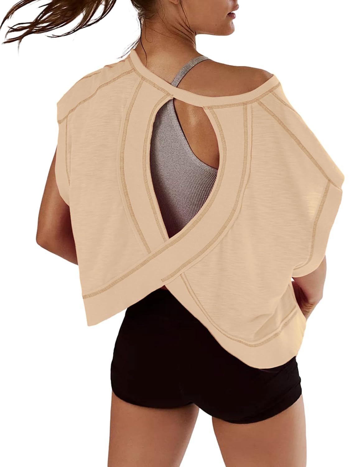 Women Short Sleeve Workout Shirts Open Back Tops Casual Yoga Y2k Athletic Gym Slouchy Crop Running Tees
