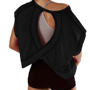 Women Short Sleeve Workout Shirts Open Back Tops Casual Yoga Y2k Athletic Gym Slouchy Crop Running Tees