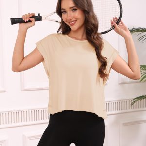 Women Short Sleeve Workout Shirts Open Back Tops Casual Yoga Y2k Athletic Gym Slouchy Crop Running Tees