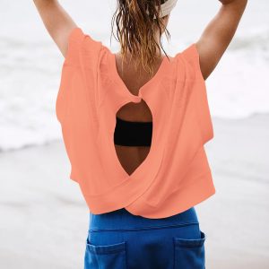 Women Short Sleeve Workout Shirts Open Back Tops Casual Yoga Y2k Athletic Gym Slouchy Crop Running Tees