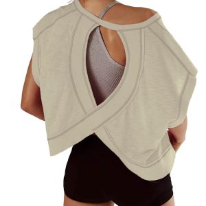 Women Short Sleeve Workout Shirts Open Back Tops Casual Yoga Y2k Athletic Gym Slouchy Crop Running Tees