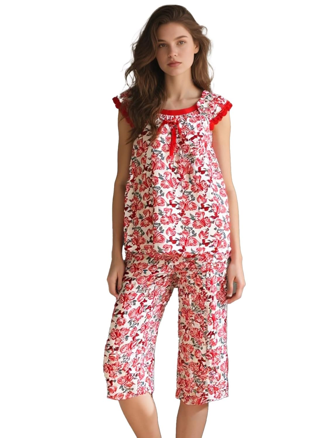 Womens Pajama Set Two Piece Short Sleeve Sleepwear Tops with Capri Pants Summer Pj Set (Random colors)