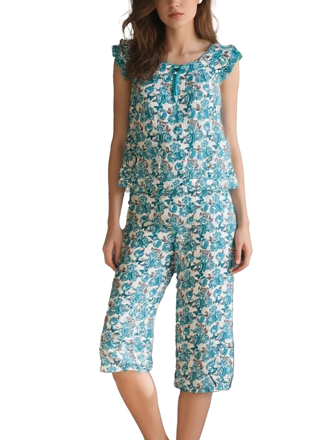 Womens Pajama Set Two Piece Short Sleeve Sleepwear Tops with Capri Pants Summer Pj Set (Random colors)