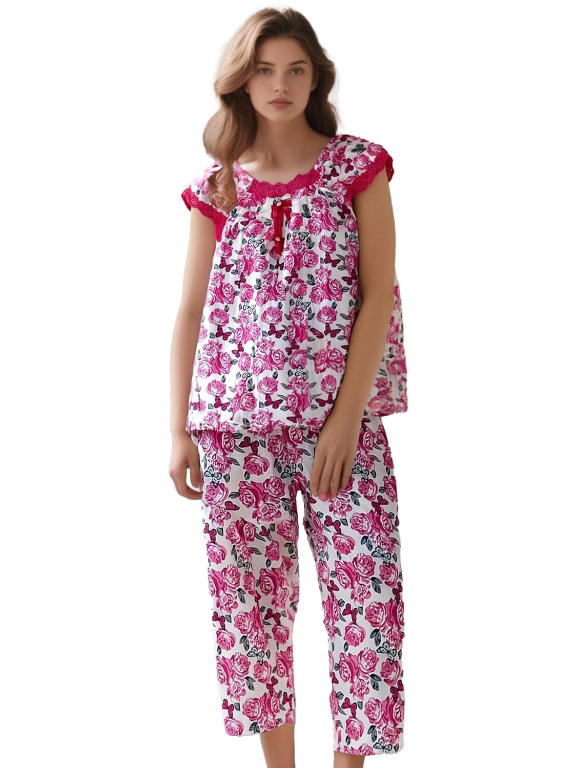 Womens Pajama Set Two Piece Short Sleeve Sleepwear Tops with Capri Pants Summer Pj Set (Random colors)