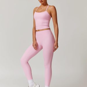 Womens Workout Sets Two Piece Cross Back Tank Top Matching High Waist Leggings Sets Gym Outfits Work Out Clothes