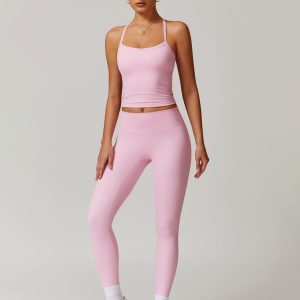 Womens Workout Sets Two Piece Cross Back Tank Top Matching High Waist Leggings Sets Gym Outfits Work Out Clothes