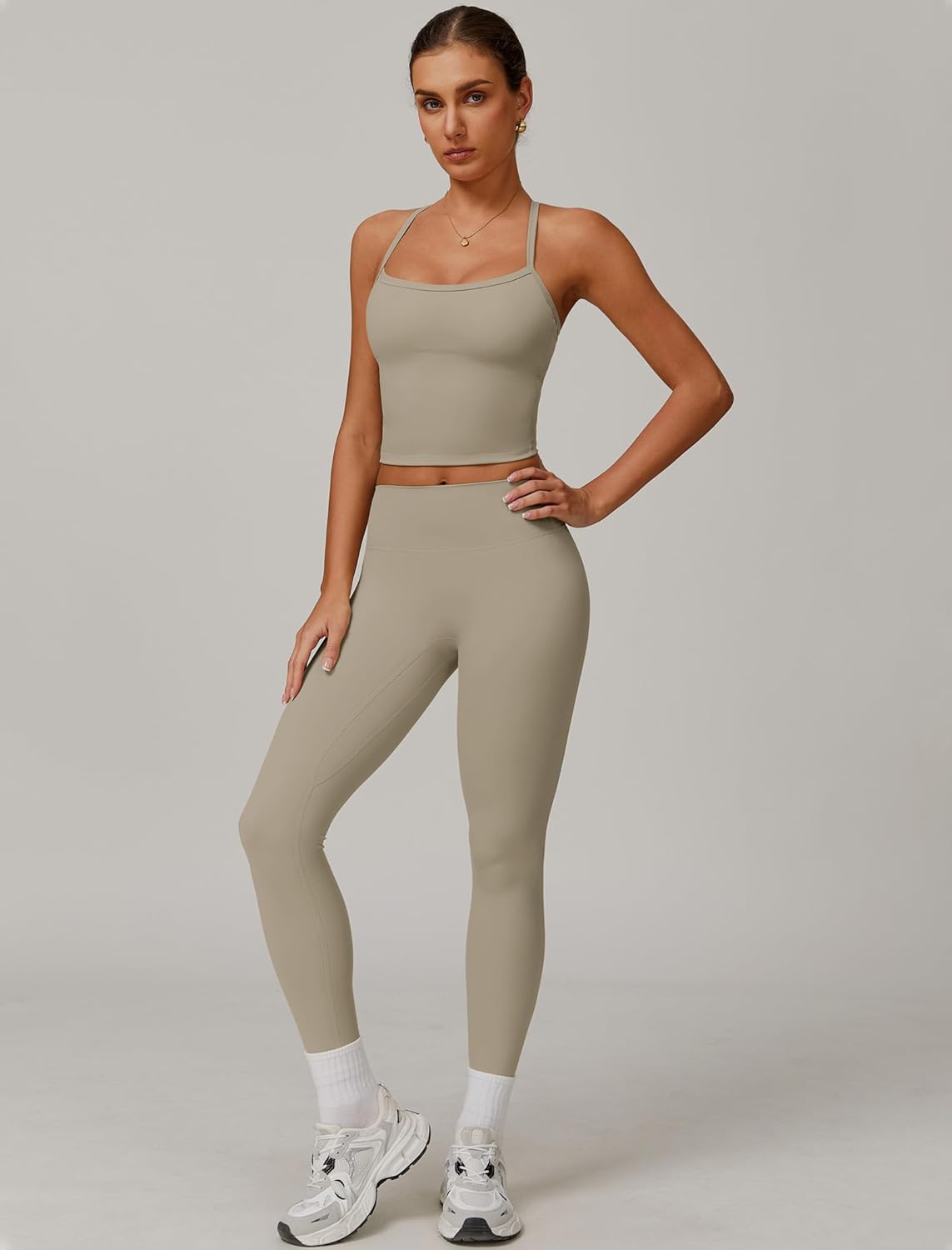 Womens Workout Sets Two Piece Cross Back Tank Top Matching High Waist Leggings Sets Gym Outfits Work Out Clothes