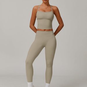 Womens Workout Sets Two Piece Cross Back Tank Top Matching High Waist Leggings Sets Gym Outfits Work Out Clothes