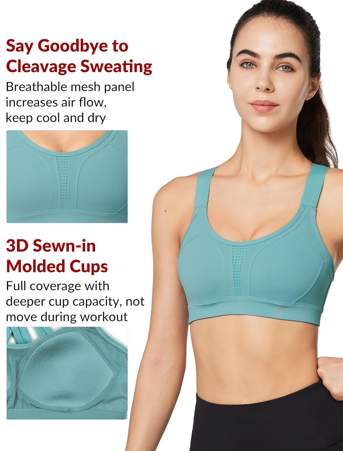 Yvette Sports Bra High Impact Adjustable Criss Cross Back, Full Support for Large Bust No Bounce