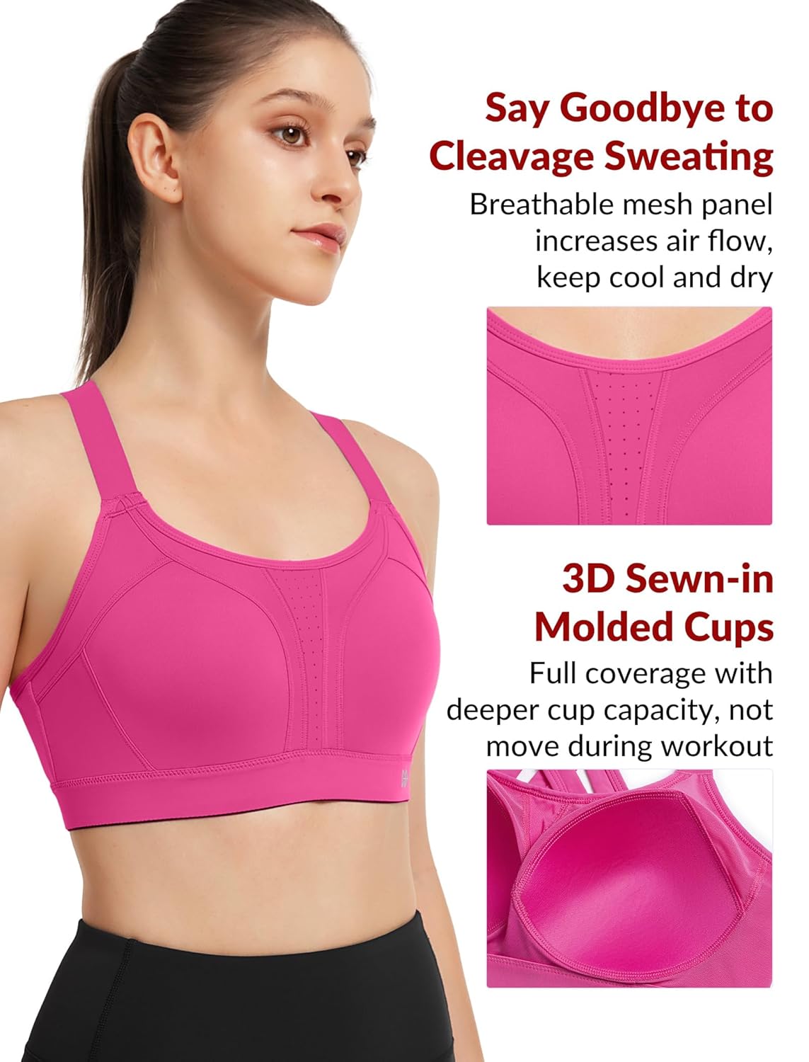 Yvette Sports Bra High Impact Adjustable Criss Cross Back, Full Support for Large Bust No Bounce