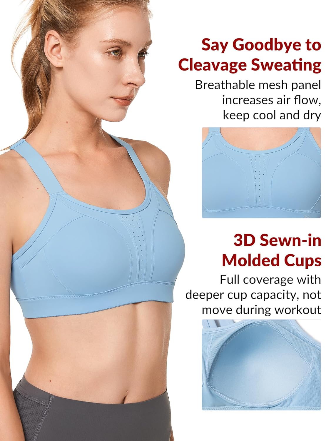 Yvette Sports Bra High Impact Adjustable Criss Cross Back, Full Support for Large Bust No Bounce